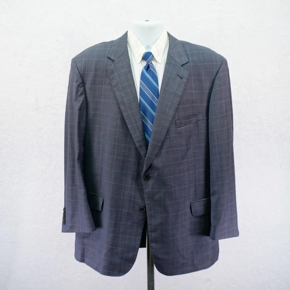 Jos A Bank Signature Gold Gray Plaid W/ Yellow Orange Windowpane 46L Suit Jacket